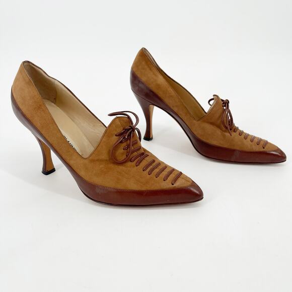 Vintage Manolo Blahnik Two-Tone Camel Brown Oxford Lace-Up Pump Heels IT 38 - Picture 2 of 13